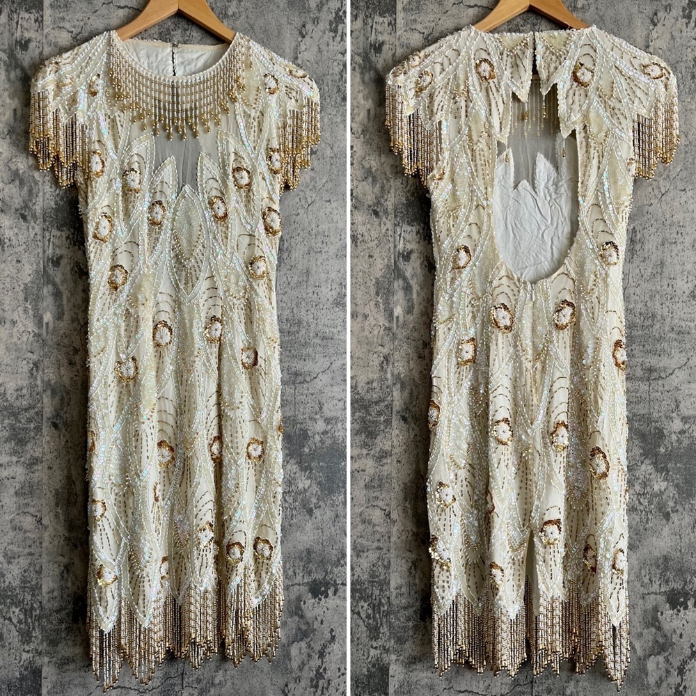 Vintage 80s Cache gold & cream silk dress with intricate beading and details